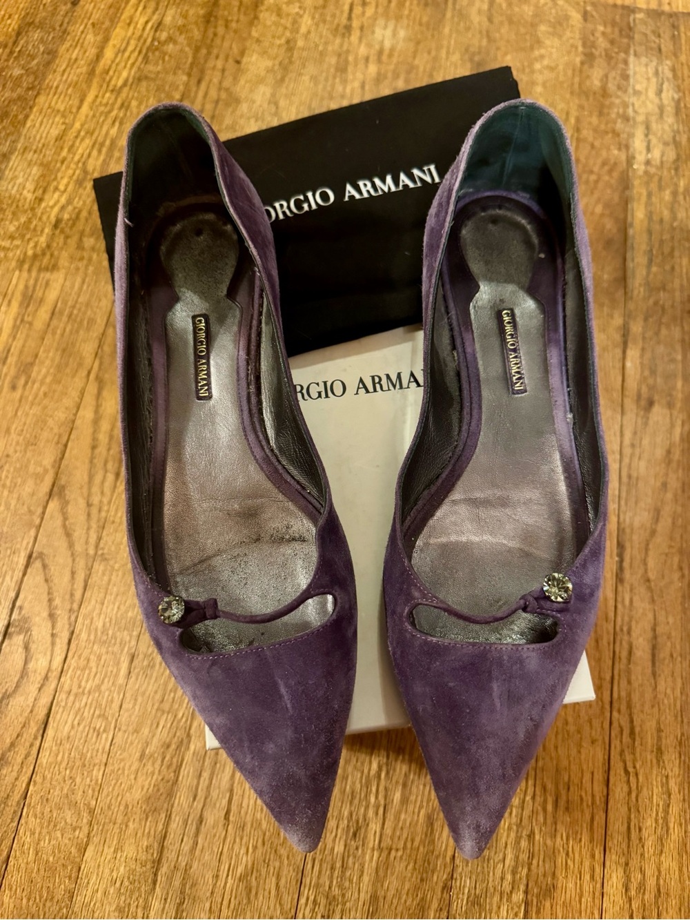 Giorgio Armani Deep Purple Suede Pointed-Toe Flats with Crystal Accent - 39.5